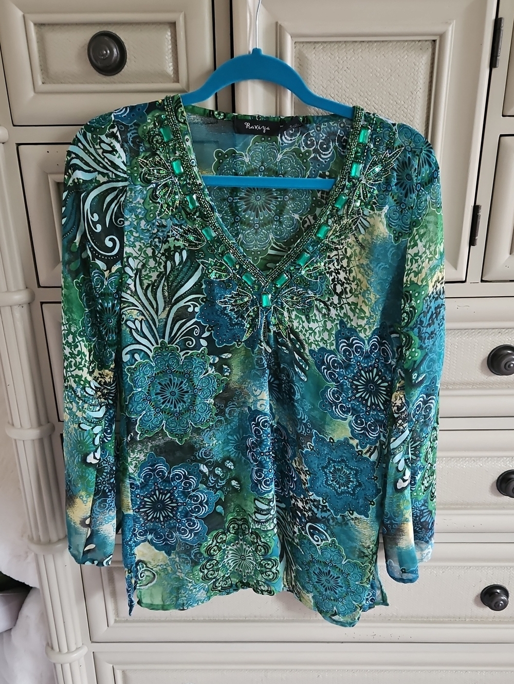 Vibrant Green & Teal Embellished Raviya V-Neck Women's Top